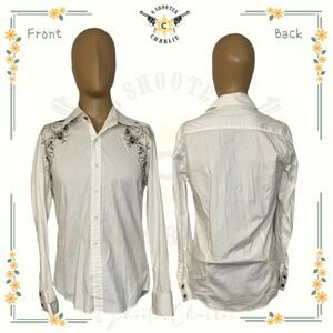 Embroidered 7 Diamonds Men's Long Sleeve Button Down Shirt White Size Small
